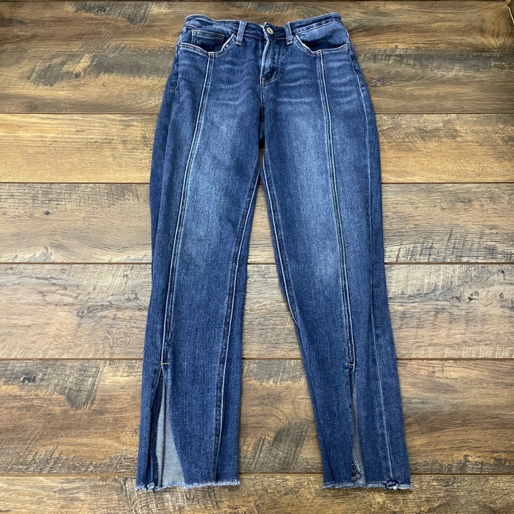 Vervet Los Angeles High Rise Straight Leg Front Seam Slit Hem Jeans Blue 25
